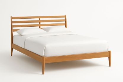 Oak Wood Platform Bed Frame with Slatted Headboard Queen Size Natural Finish