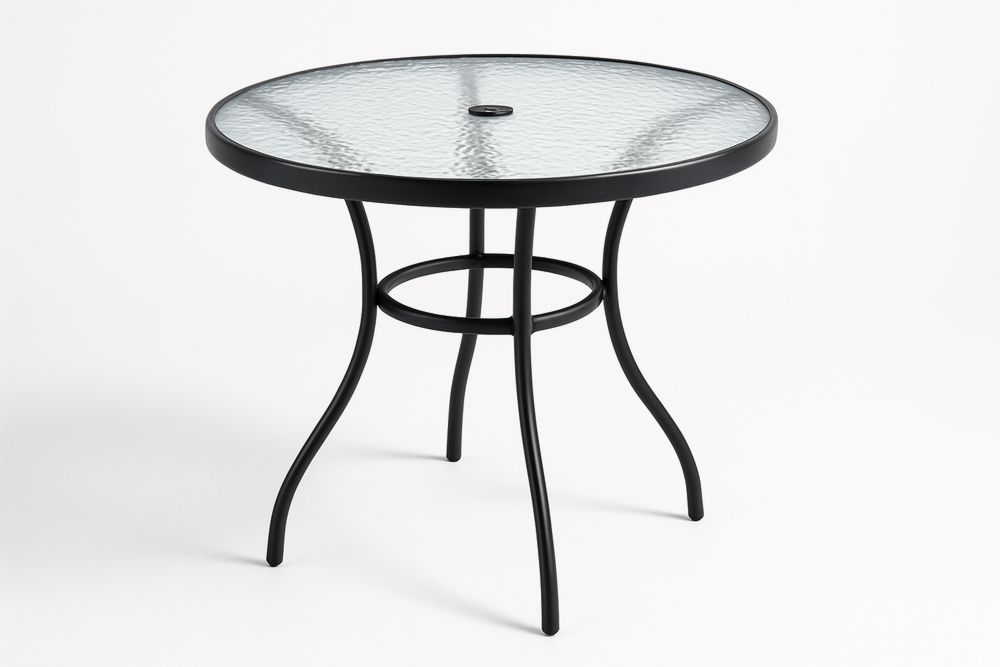 Round Glass Outdoor Table with Black Steel Base Diameter 90cm