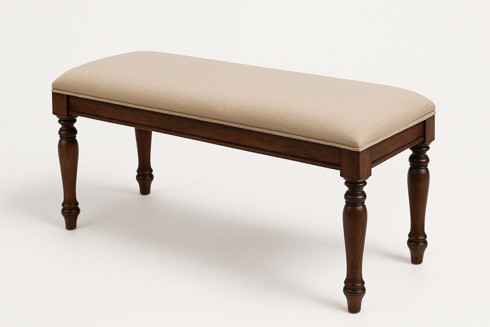 Wooden Bench with Beige Fabric Seat and Dark Brown Legs
