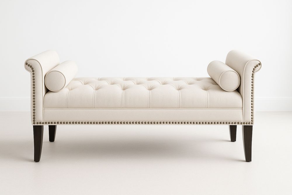 Upholstered Tufted Bench Beige Fabric with Wood Legs