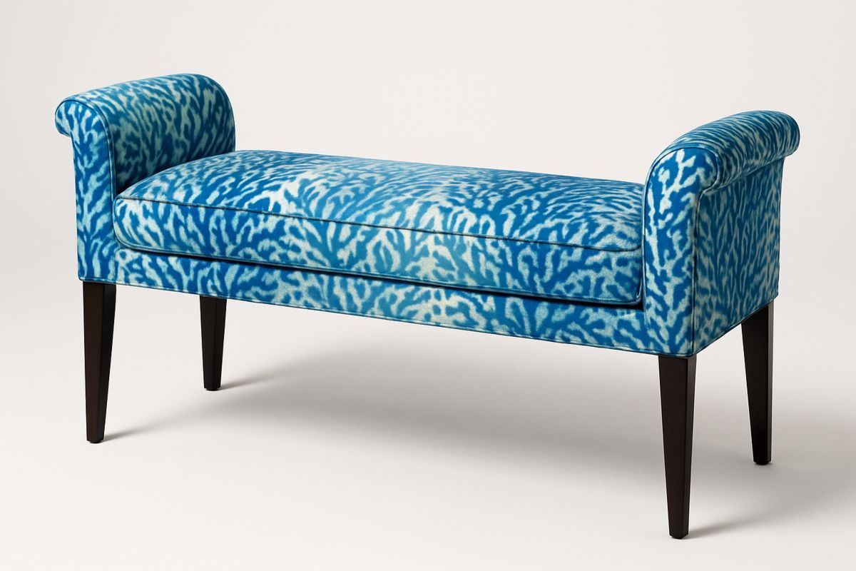 Blue Pattern Upholstered Bench with Timber Frame 120cm