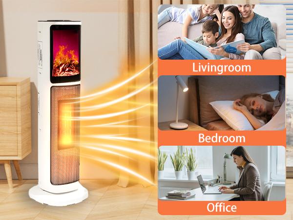 Ceramic Tower 1500W Indoor Space Heater Fan, Room Heating with Oscillation, Portable Tower heater for office, Bedroom, Living room, Overheat Protection, Electronic flame light effect, white