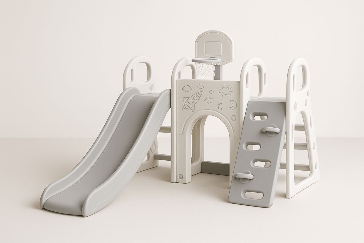 Children's Plastic Slide Playset with Basketball Hoop Grey/White-Giardinoincanto