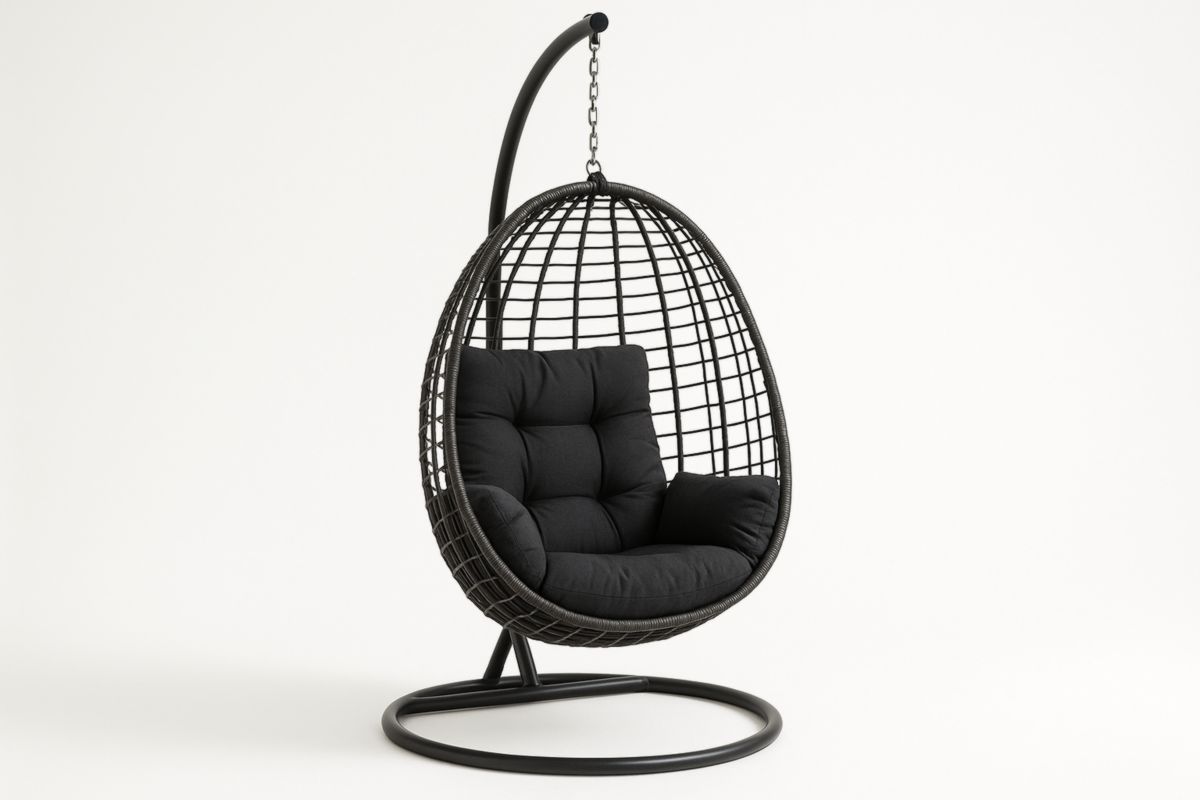 Hanging Egg Chair Wicker Frame Polyester Cushion Black-Giardinoincanto