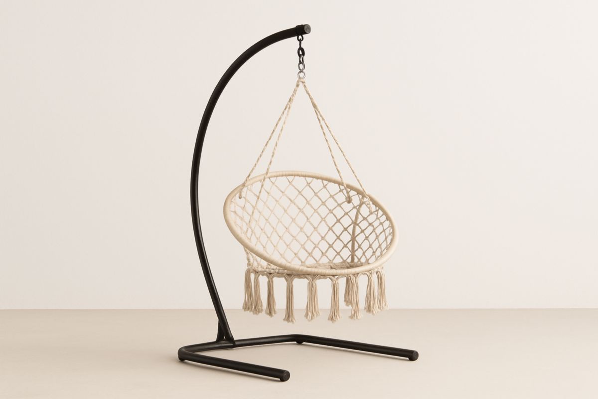 Hanging Chair with Steel Frame and Cotton Rope Beige-Giardinoincanto