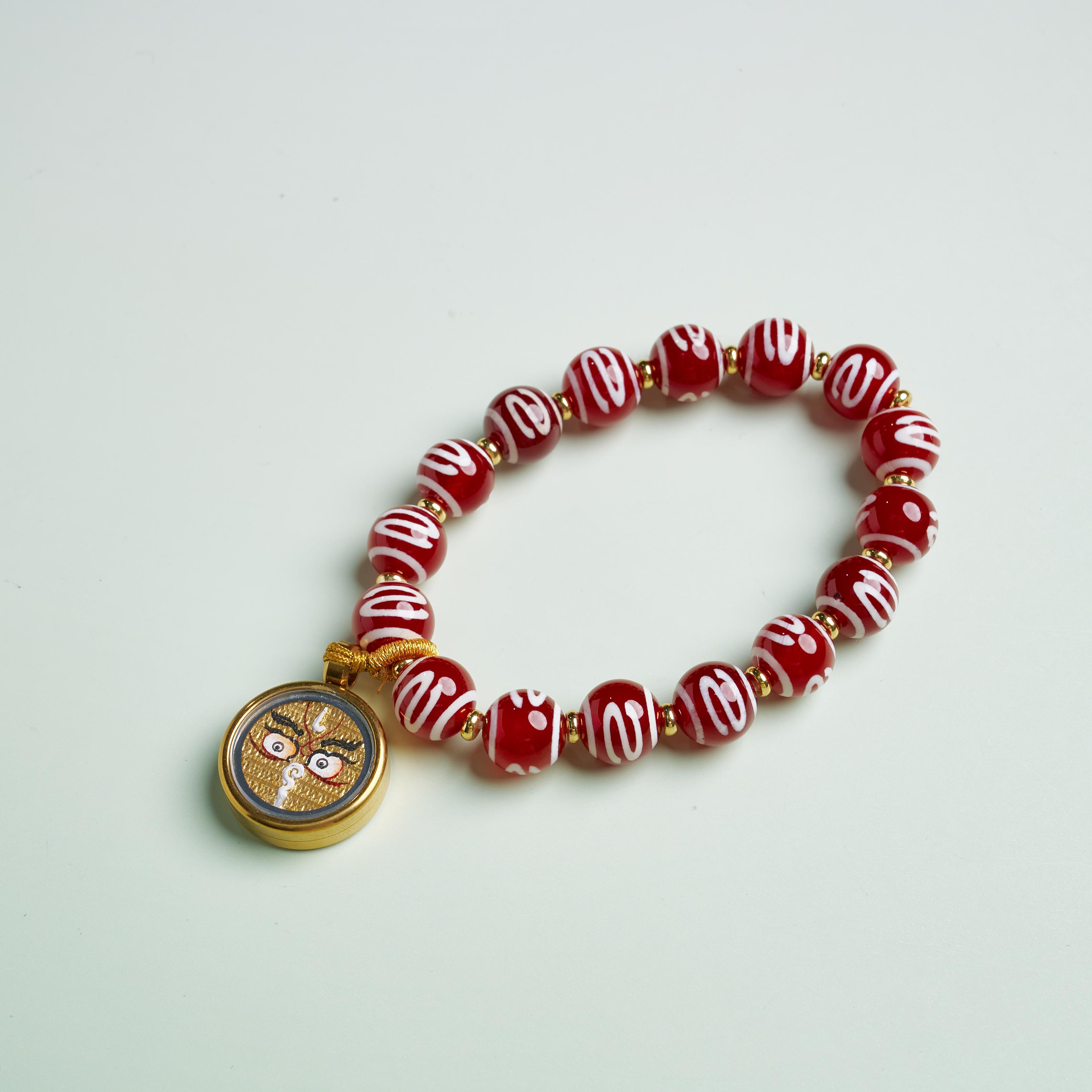 唐卡單圈-黃財神佛眼圓卡天珠手串｜修行守護唐卡珠寶?療癒隨身佩戴 唐卡修行療癒吊墜