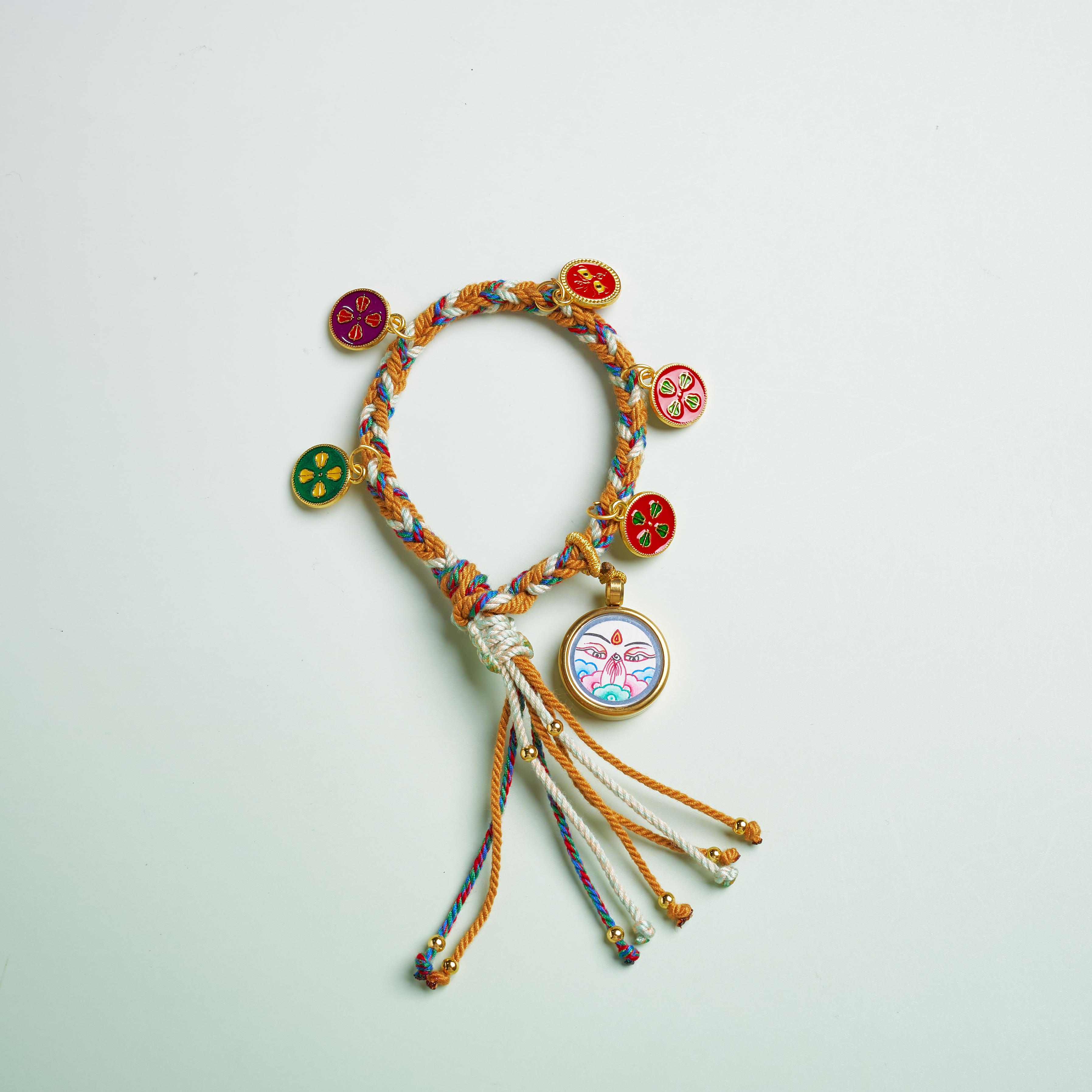 唐卡手繩-四臂觀音守護佛眼五路財神黃色手繩｜修行守護唐卡珠寶?療癒隨身佩戴 唐卡修行療癒吊墜