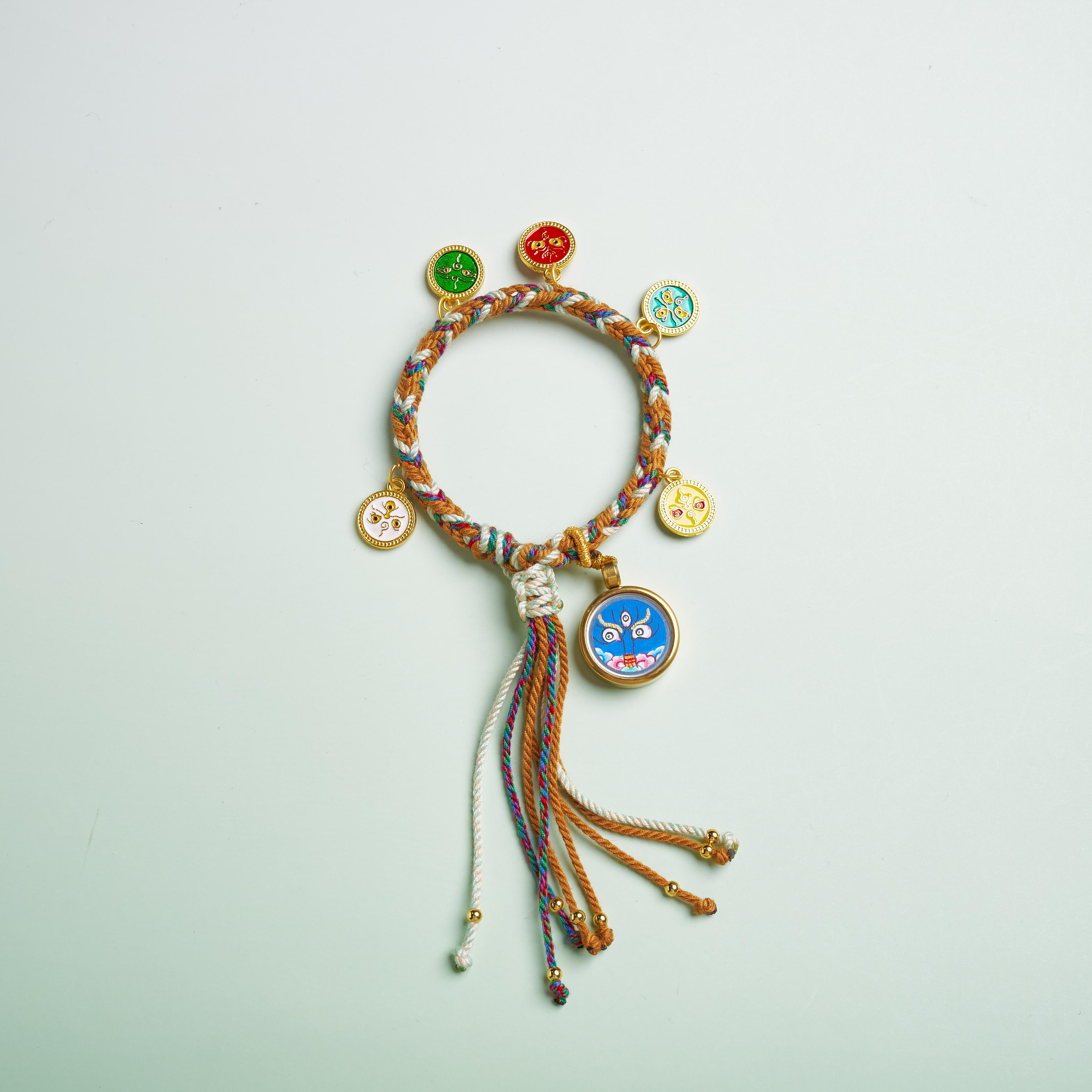 唐卡手繩-不動明王守護佛眼五路財神黃色手繩｜修行守護唐卡珠寶?療癒隨身佩戴 唐卡修行療癒吊墜