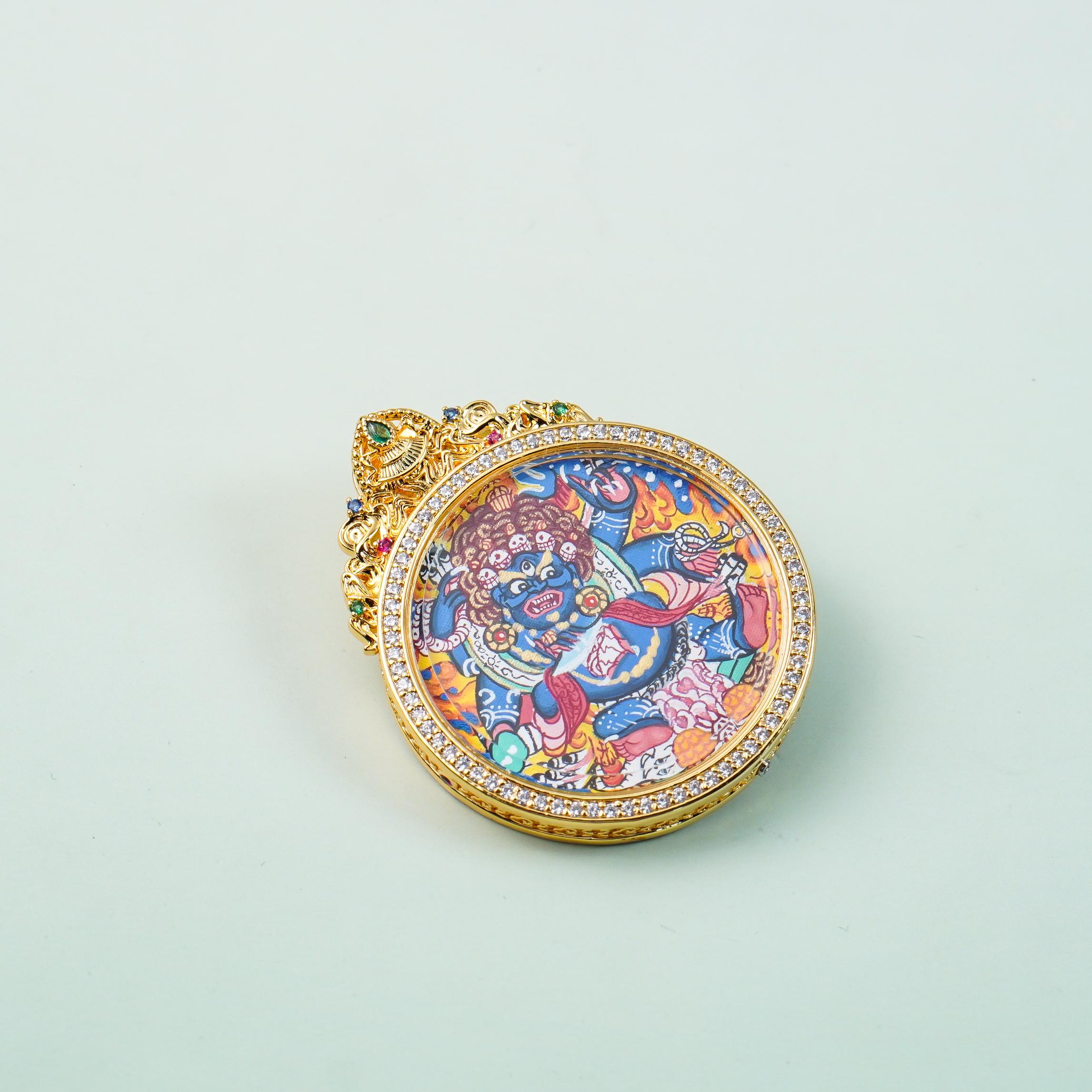 唐卡吊墜-藍色大黑天全身像銅單卡｜修行守護唐卡珠寶?療癒隨身佩戴 唐卡修行療癒吊墜