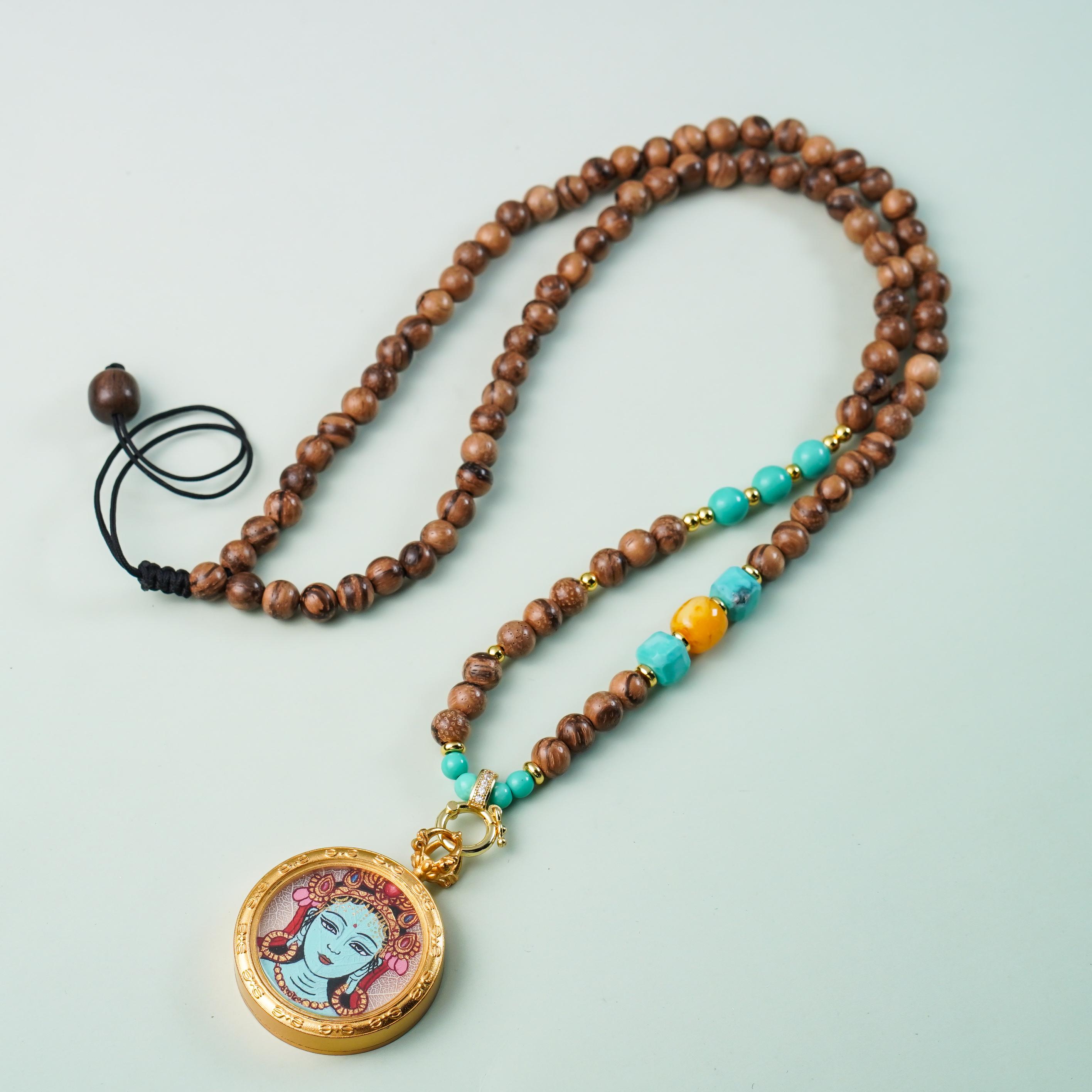 唐卡吊墜-綠度母頭像銅單卡配珠鏈｜修行守護唐卡珠寶?療癒隨身佩戴 唐卡修行療癒吊墜