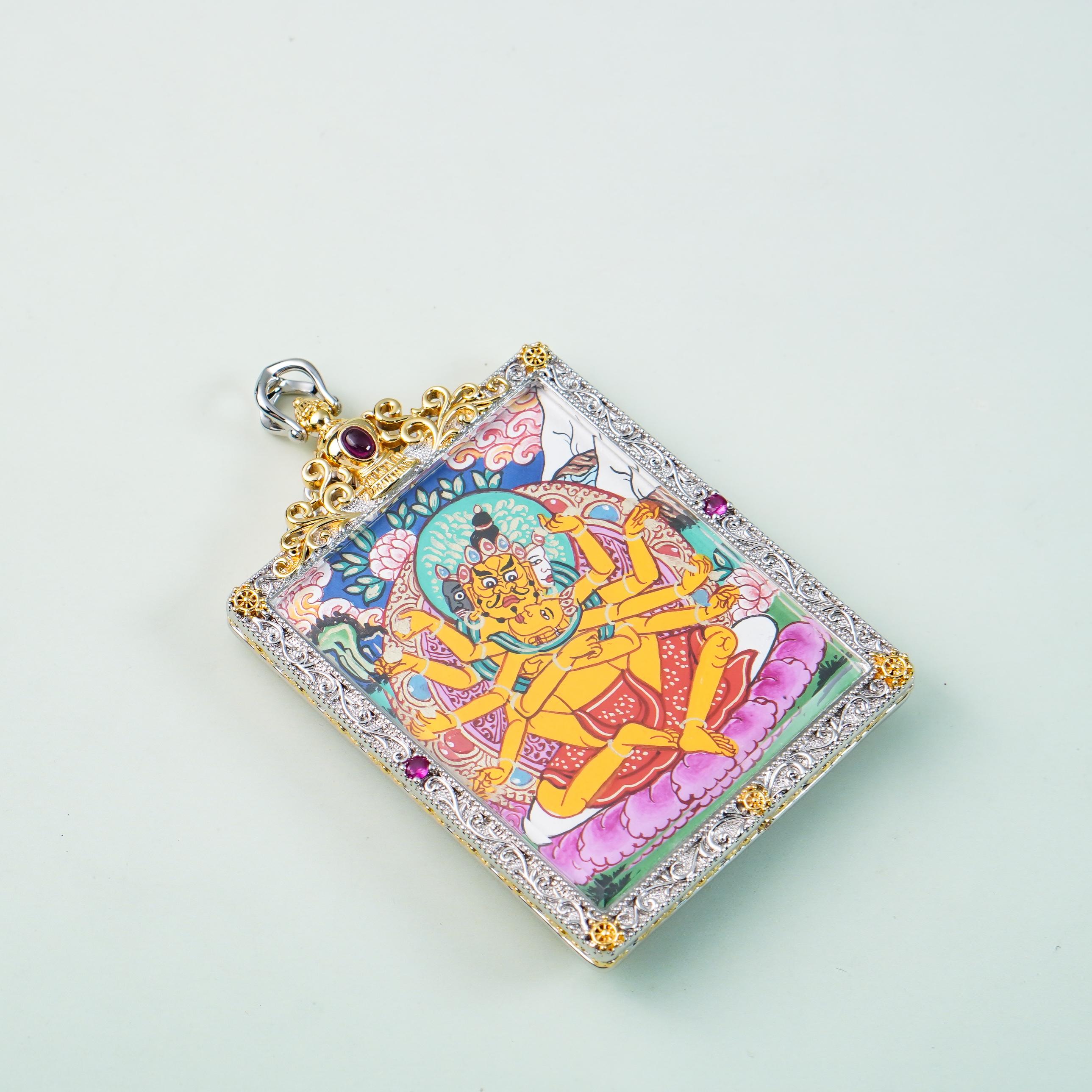 唐卡吊墜-十二臂財聖轉輪殼銅單卡｜修行守護唐卡珠寶?療癒隨身佩戴 唐卡修行療癒吊墜