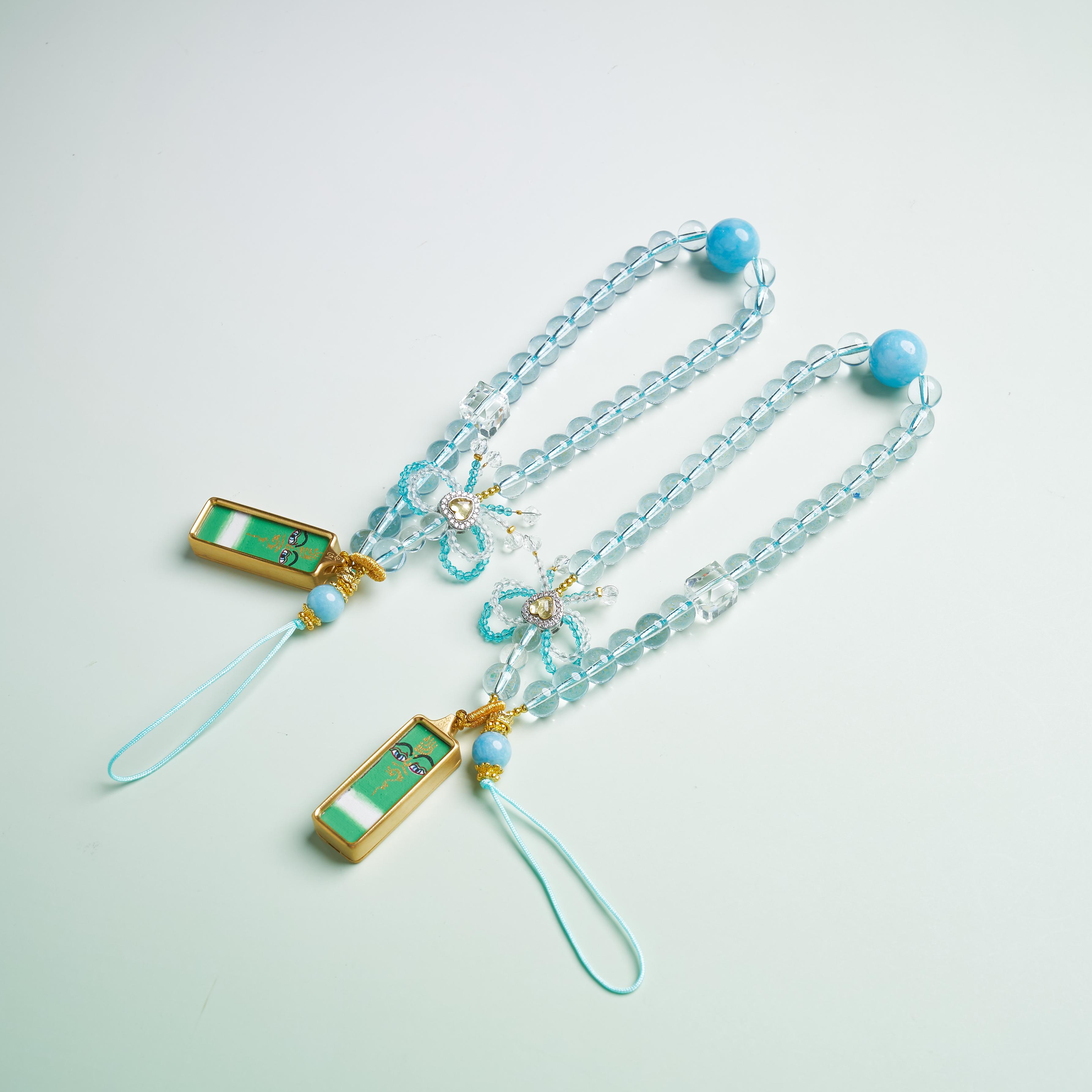 D唐卡挂件-绿财神佛眼长条蝴蝶结琉璃链包挂