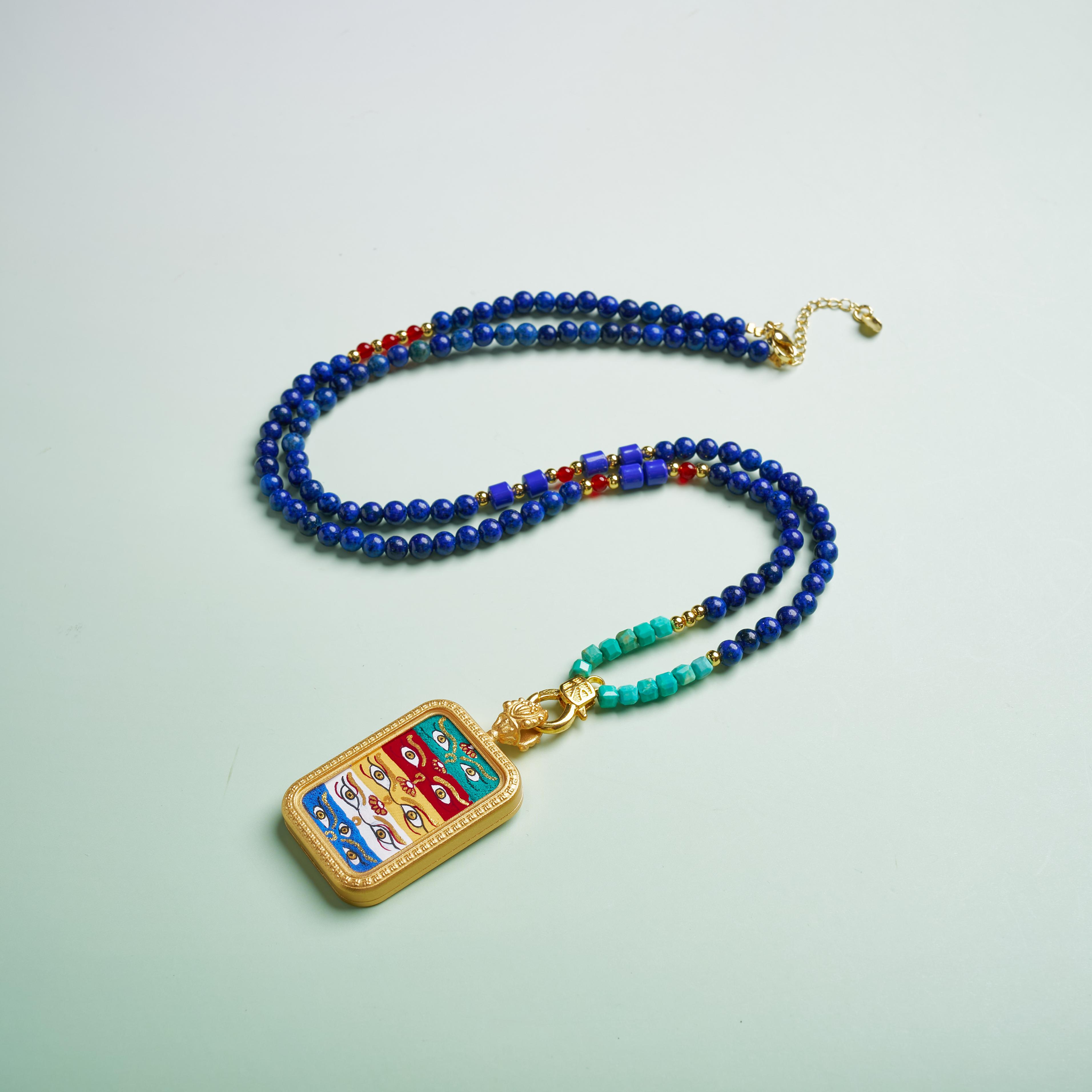 D唐卡吊坠-五路财神佛眼方卡琉璃链吊坠