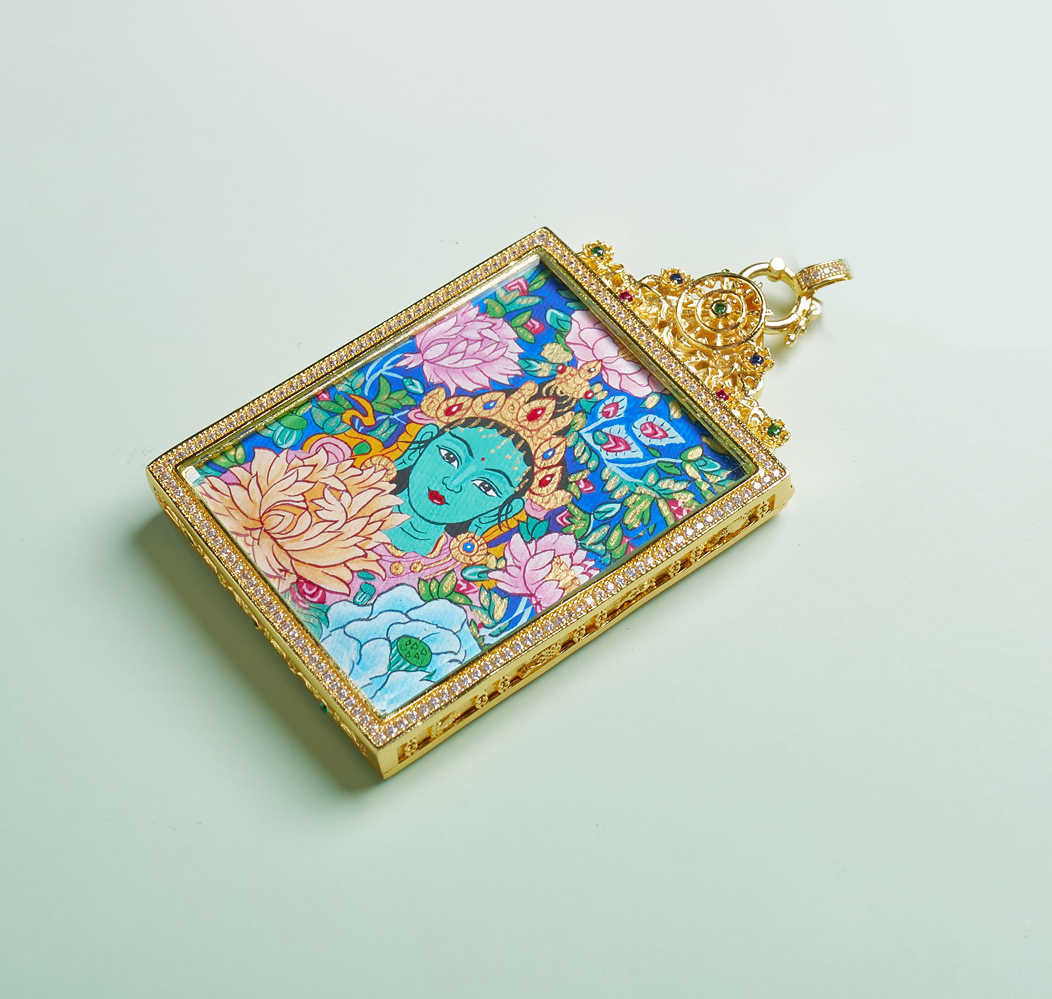 D唐卡吊坠-满花绿度母半身像单卡