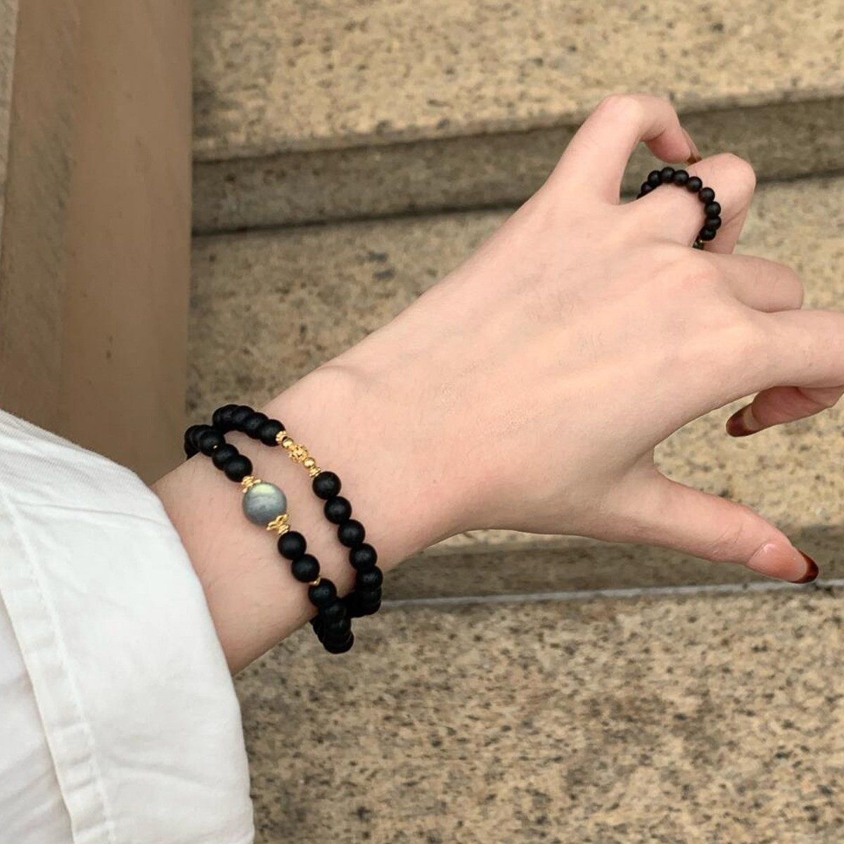 月光石黑串珠疊戴手鍊｜新中式氣質款