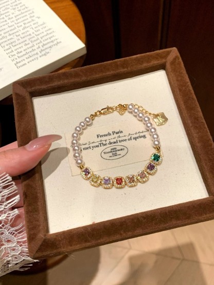 彩色鋯石點綴珍珠手鍊 輕奢細節款