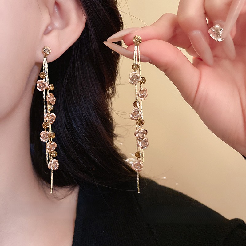 【韓系必備】玫瑰造型鑽飾流蘇耳環 氣質長耳環 約會穿搭耳飾