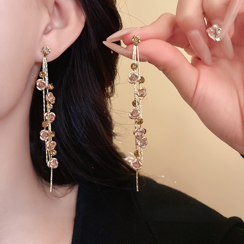 【韓系必備】玫瑰造型鑽飾流蘇耳環 氣質長耳環 約會穿搭耳飾