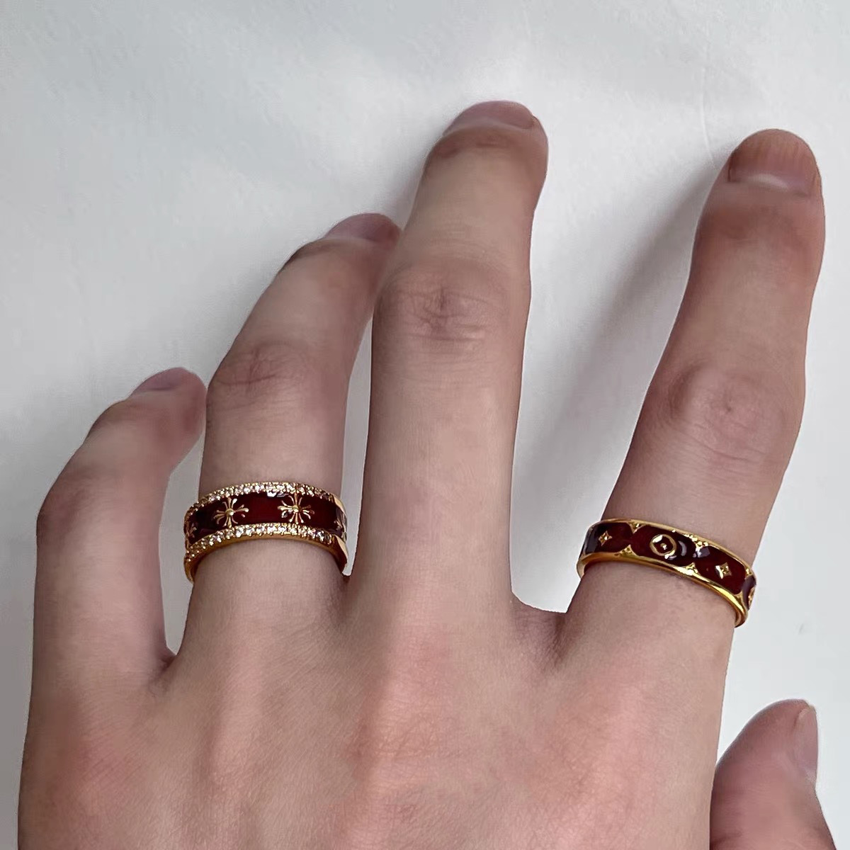 【酒紅鎏金克羅心】復古琺瑯指環