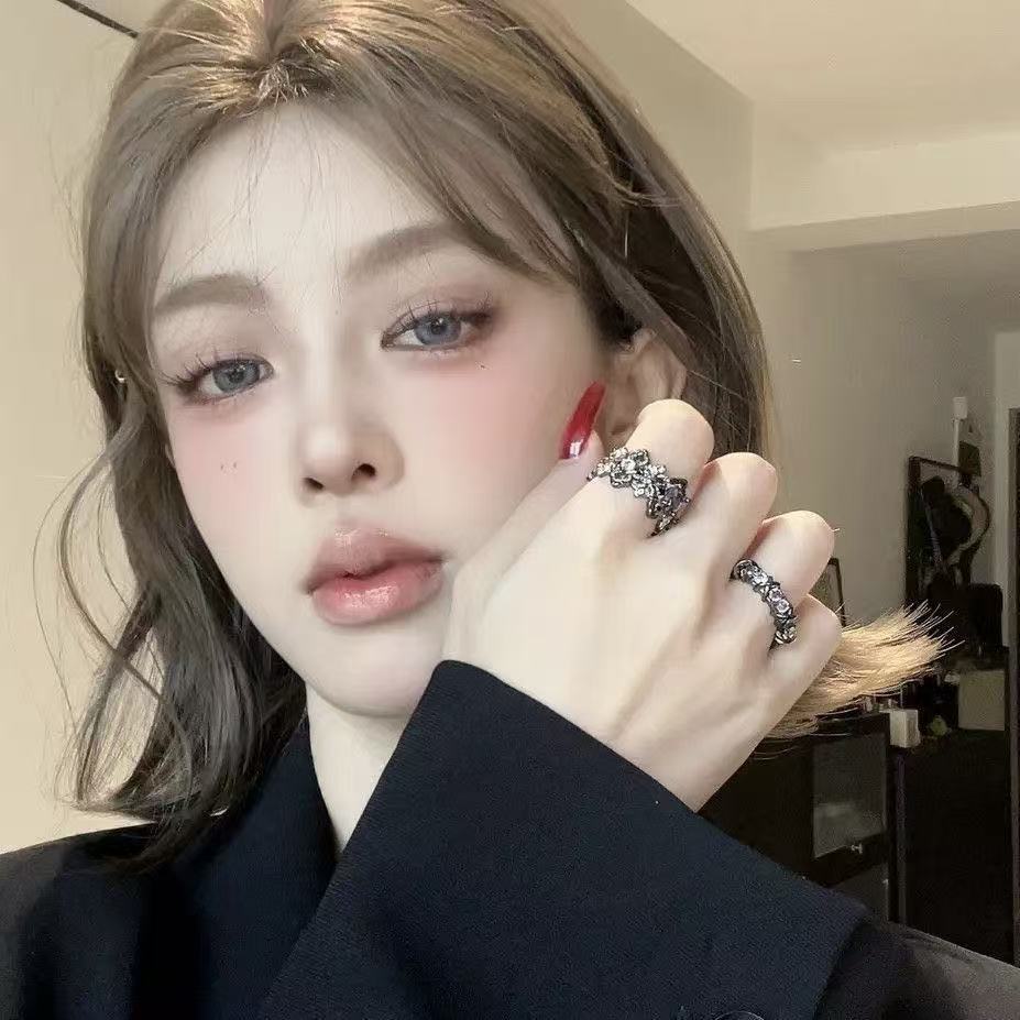 銅合金合成鋯石暗黑風開口指環｜獨特鑲鑽個性食指戒