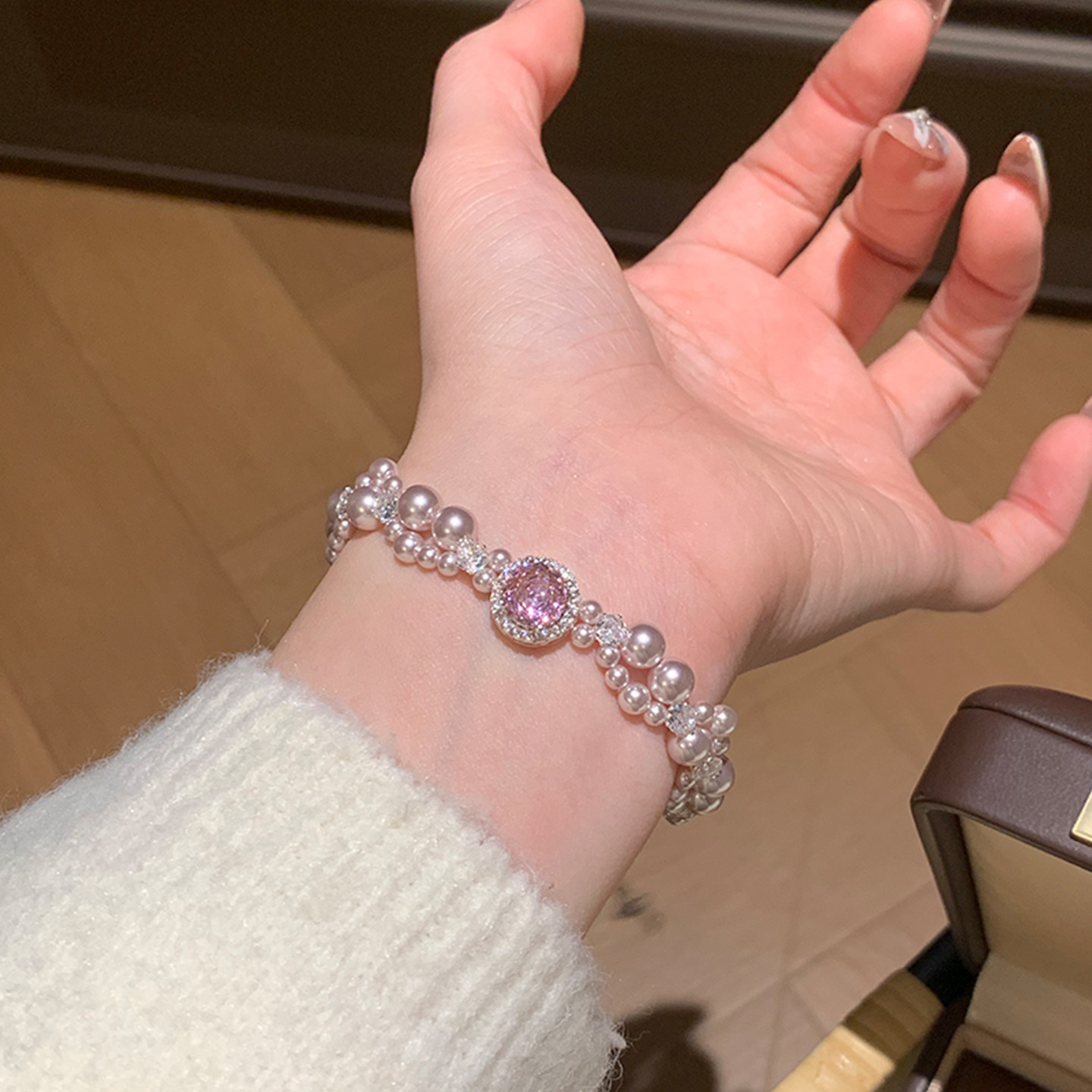 粉嫩珍珠鋯石手鍊｜溫柔系日常佩戴