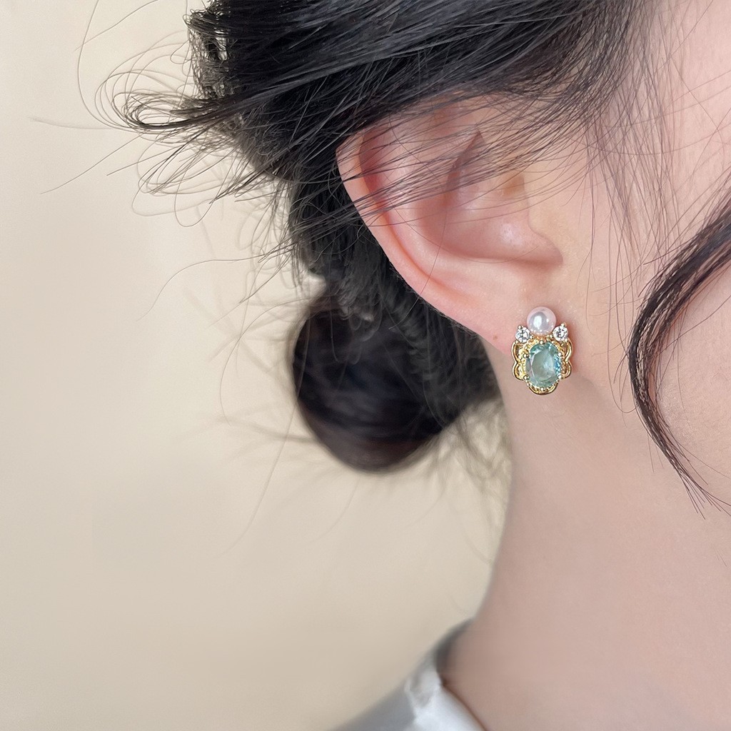 海藍寶鍍 14K 金珍珠耳釘｜微鑲鋯石 文青復古通勤質感