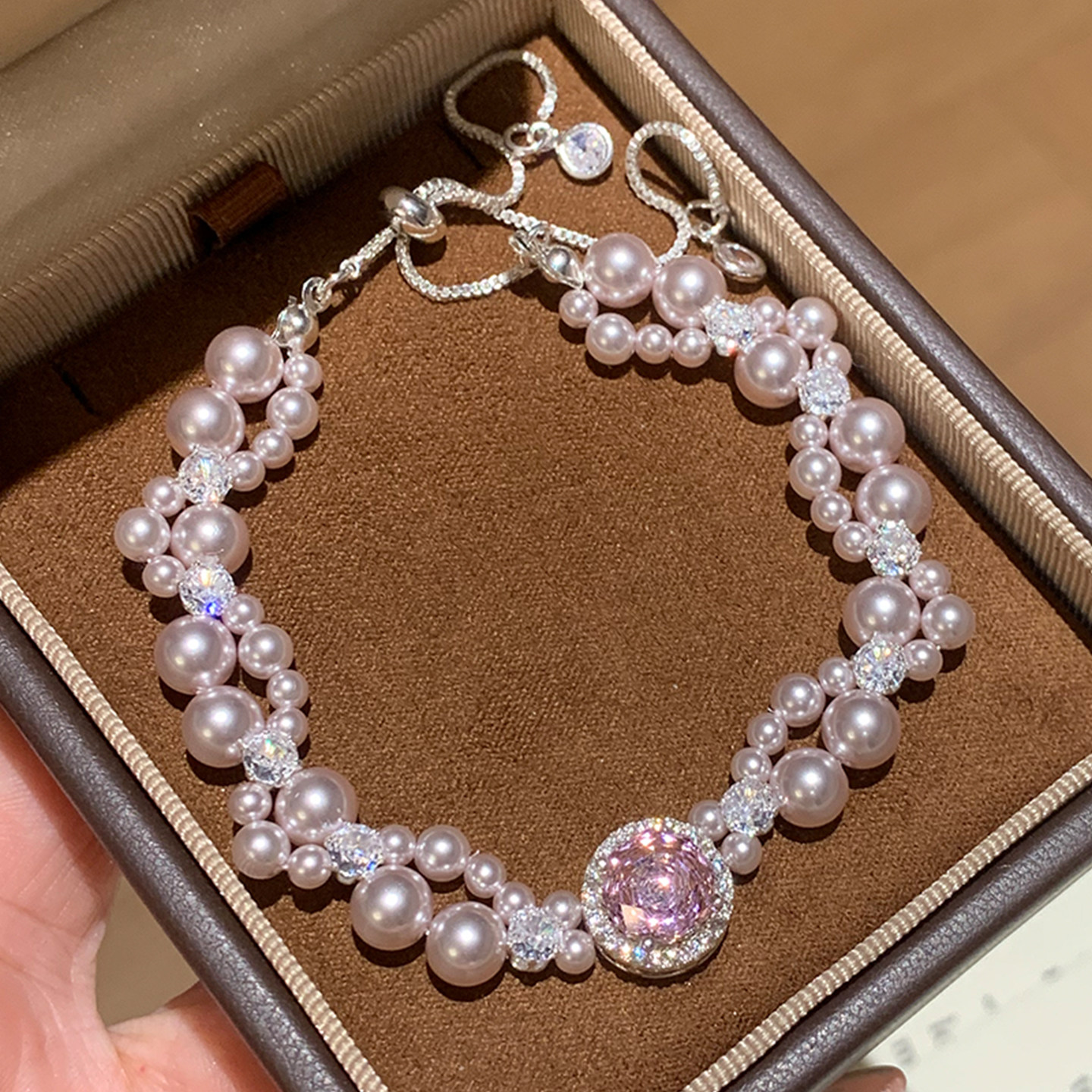 粉嫩珍珠鋯石手鍊｜溫柔系日常佩戴