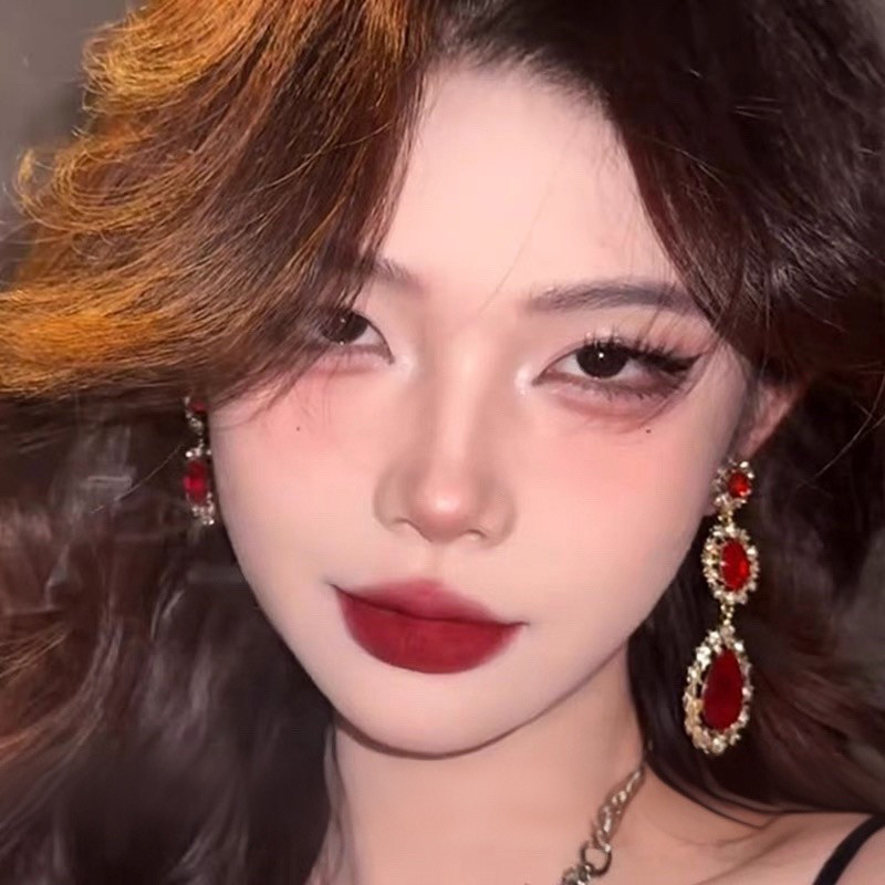 華麗巴洛克紅寶水滴長耳環｜復古氣場款閃鑽