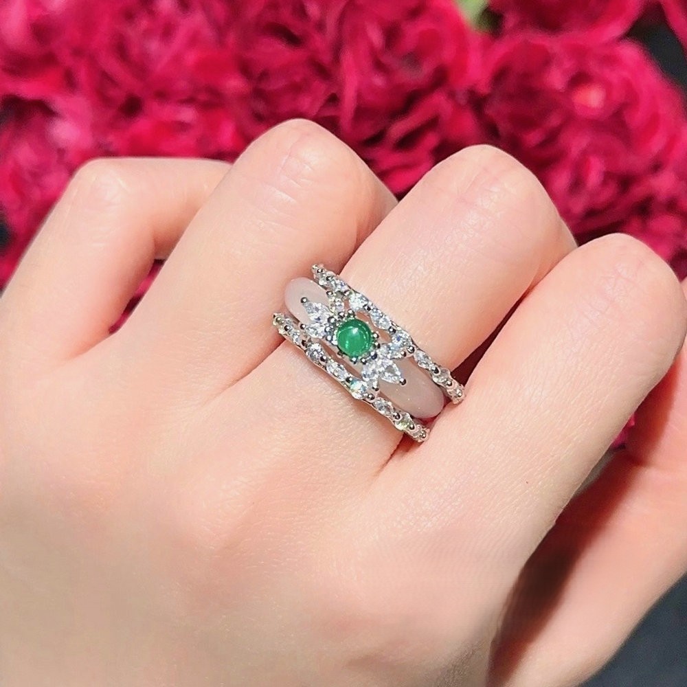 花朵水滴鋯石戒｜清新白玉髓