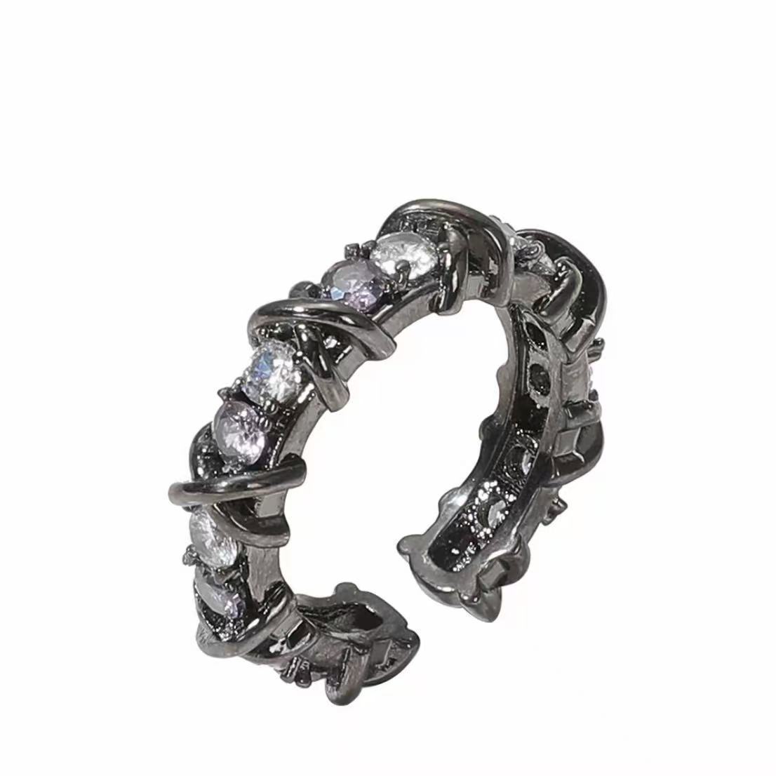 銅合金合成鋯石暗黑風開口指環｜獨特鑲鑽個性食指戒