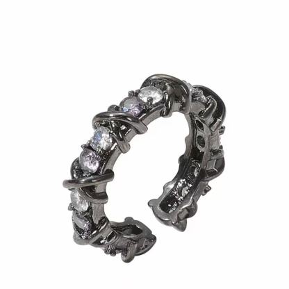 銅合金合成鋯石暗黑風開口指環｜獨特鑲鑽個性食指戒