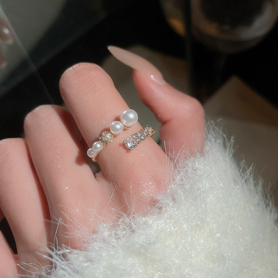 漸層珍珠锆石開口指環｜輕奢精緻食指戒