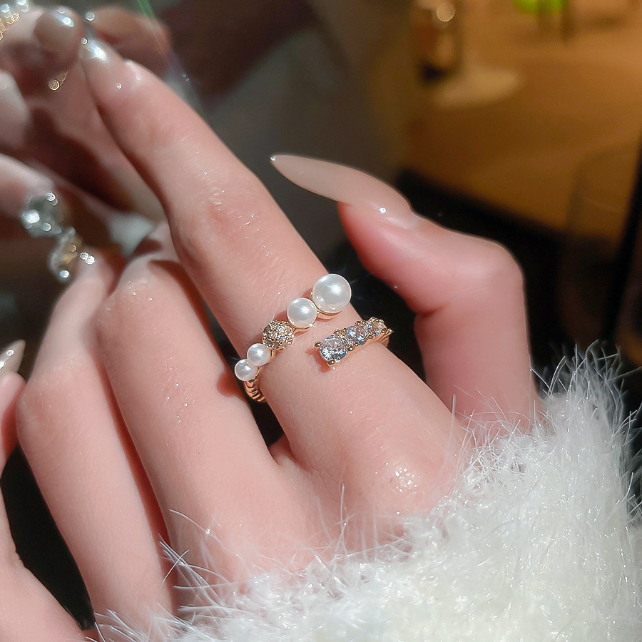 漸層珍珠锆石開口指環｜輕奢精緻食指戒