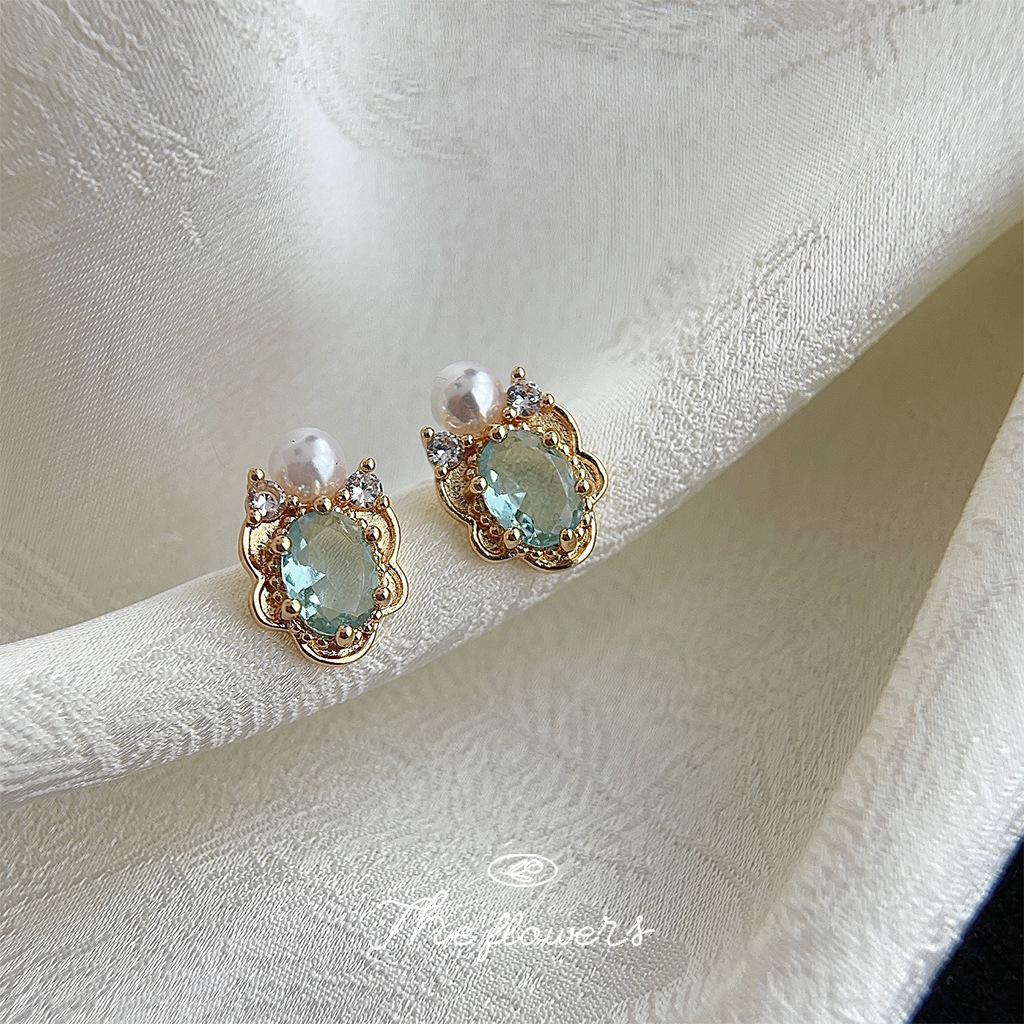 海藍寶鍍 14K 金珍珠耳釘｜微鑲鋯石 文青復古通勤質感