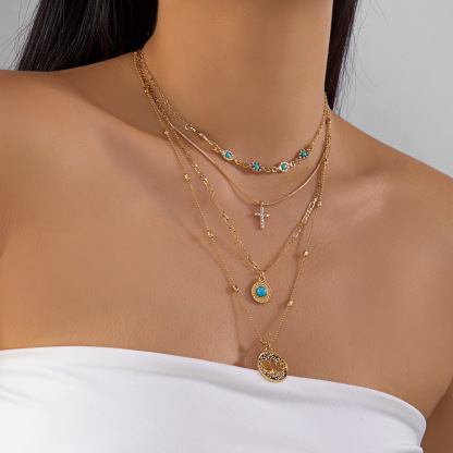  +1 金鏈疊戴土耳其石項鍊｜十字架 + 圖騰圓牌 甜酷質感鎖骨鏈