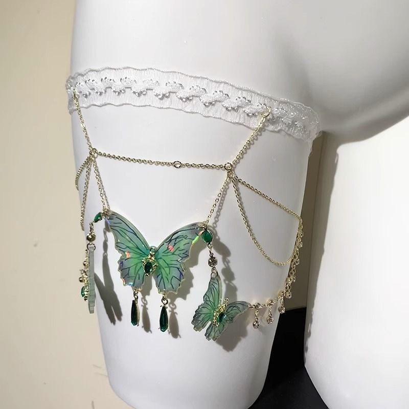 森系綠蝴蝶流蘇腿鏈｜超仙蕾絲 Y2K 甜酷身體鏈