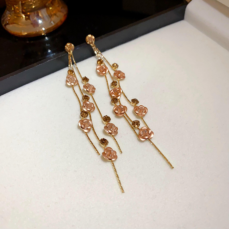 【韓系必備】玫瑰造型鑽飾流蘇耳環 氣質長耳環 約會穿搭耳飾