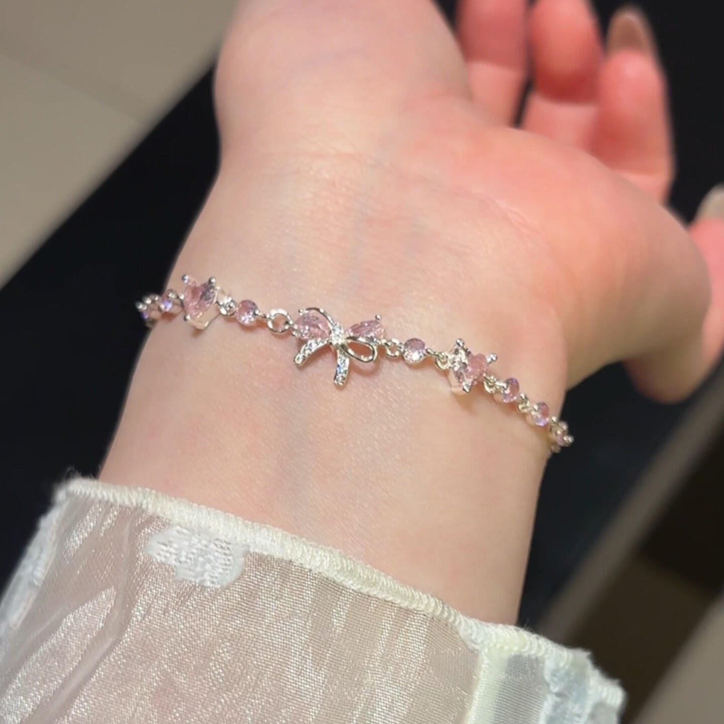 細緻蝴蝶結粉晶感手鍊｜日常溫柔系點綴款