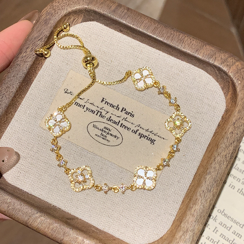 金色锆石四葉草抽拉腕鍊｜通勤百搭輕奢高級款