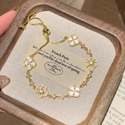 金色锆石四葉草抽拉腕鍊｜通勤百搭輕奢高級款