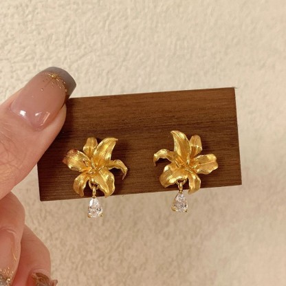 金色古法拉絲百合水滴耳釘 復古質感款