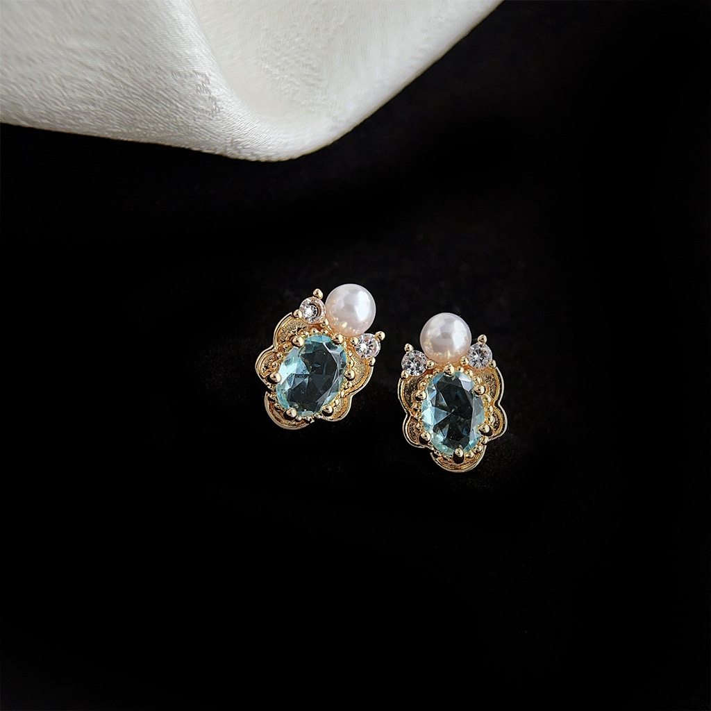 海藍寶鍍 14K 金珍珠耳釘｜微鑲鋯石 文青復古通勤質感