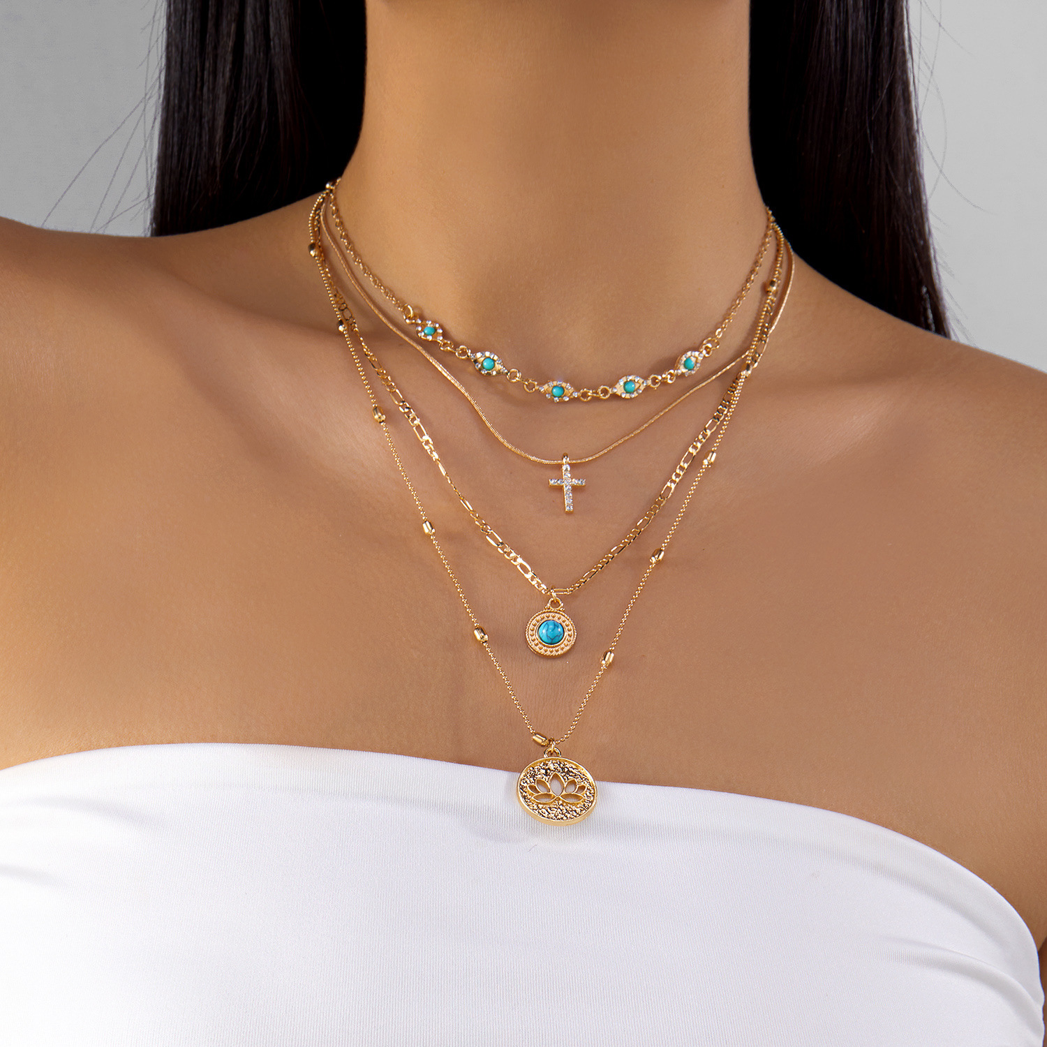  +1 金鏈疊戴土耳其石項鍊｜十字架 + 圖騰圓牌 甜酷質感鎖骨鏈