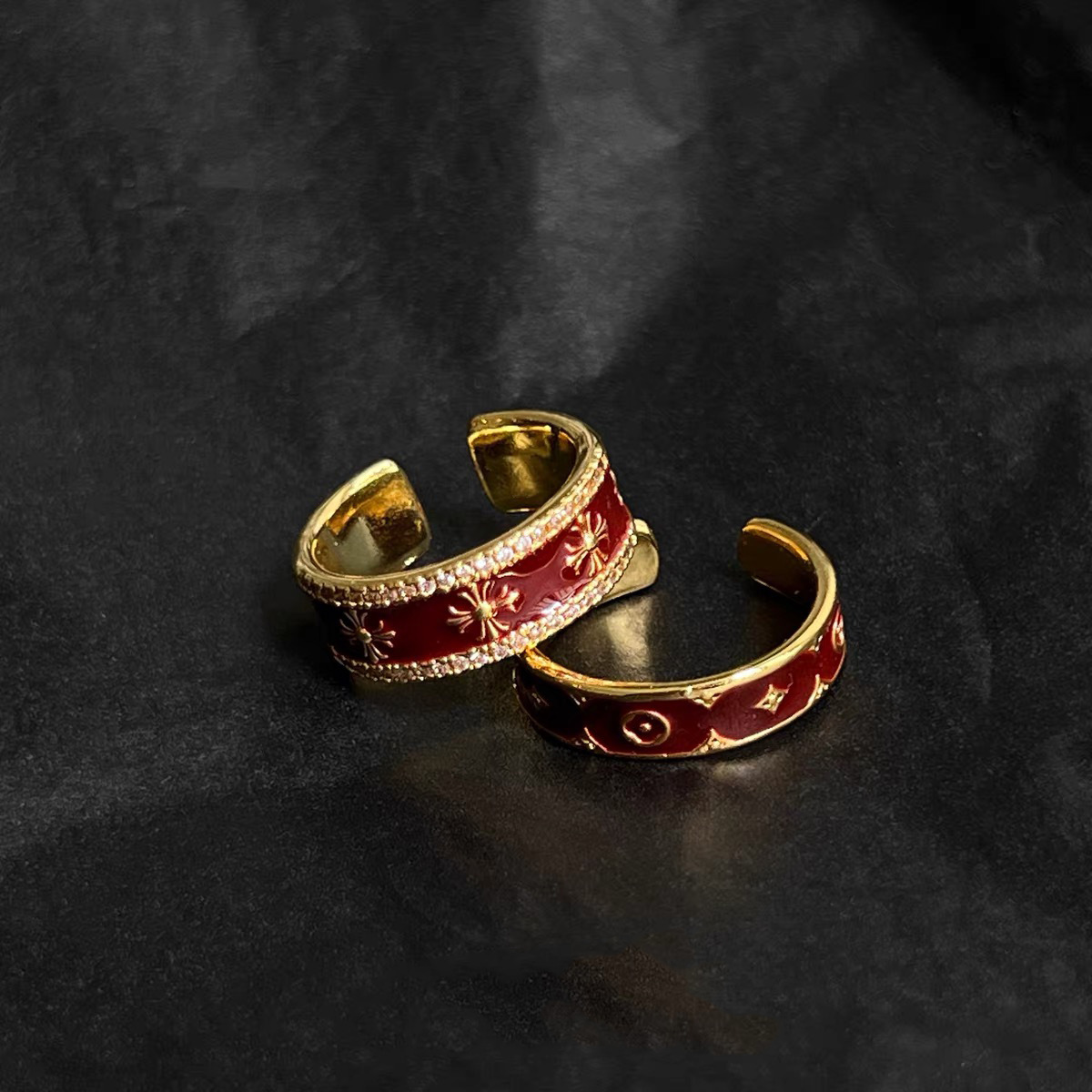 【酒紅鎏金克羅心】復古琺瑯指環