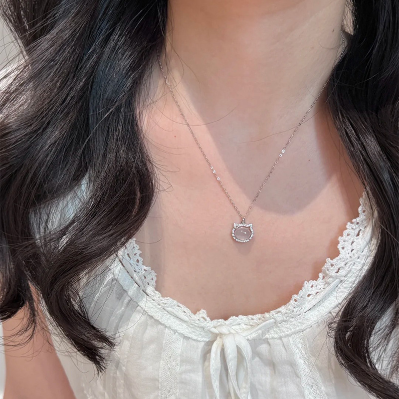 萌系白玉髓貓咪鎖骨鏈 甜美元氣款