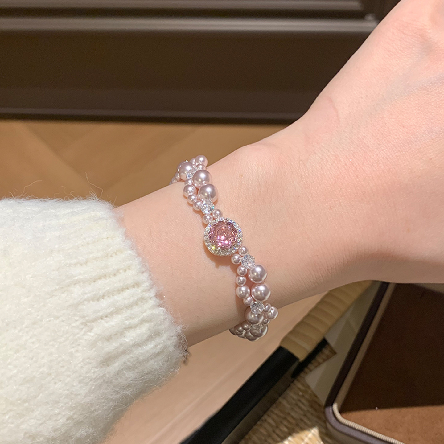 粉嫩珍珠鋯石手鍊｜溫柔系日常佩戴