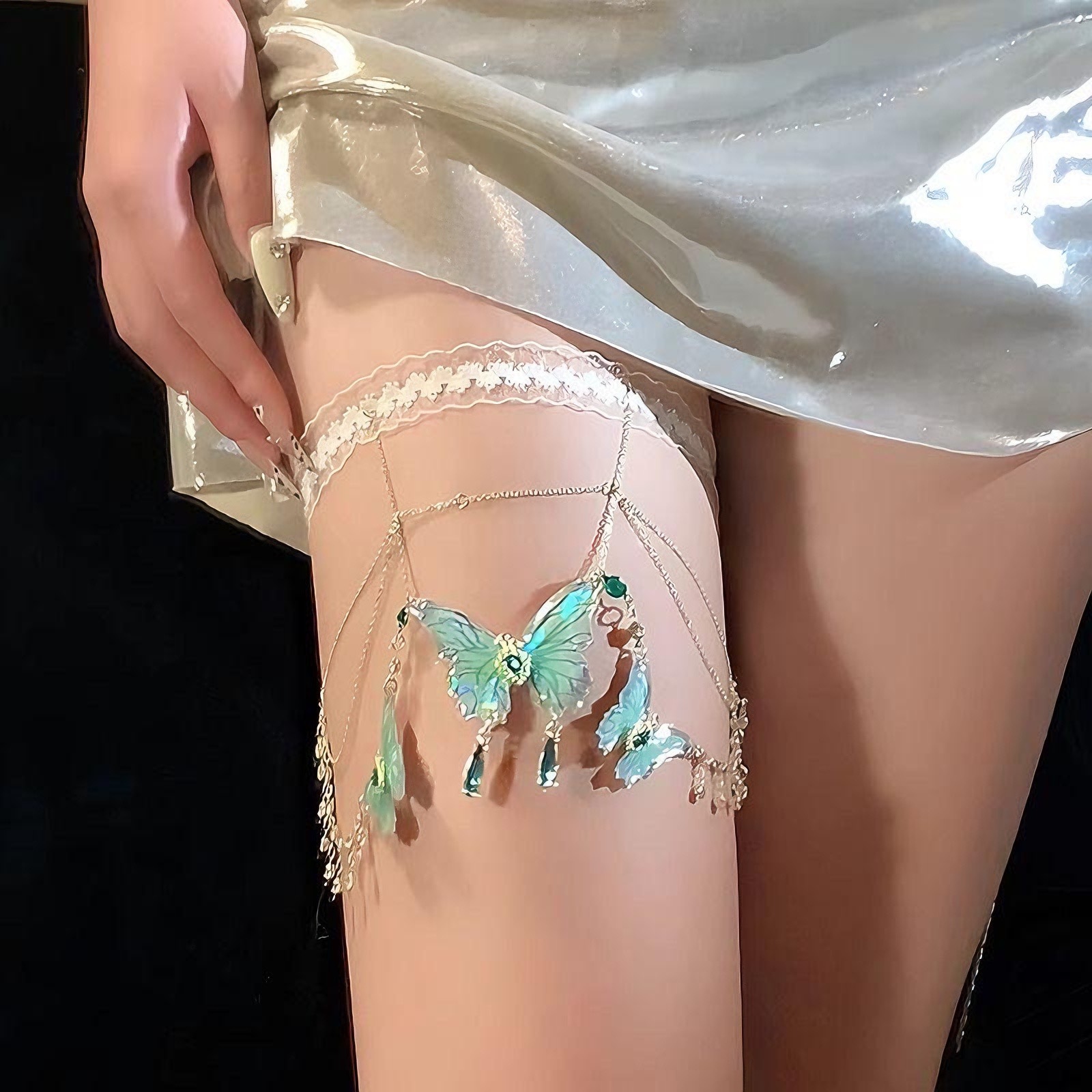 森系綠蝴蝶流蘇腿鏈｜超仙蕾絲 Y2K 甜酷身體鏈