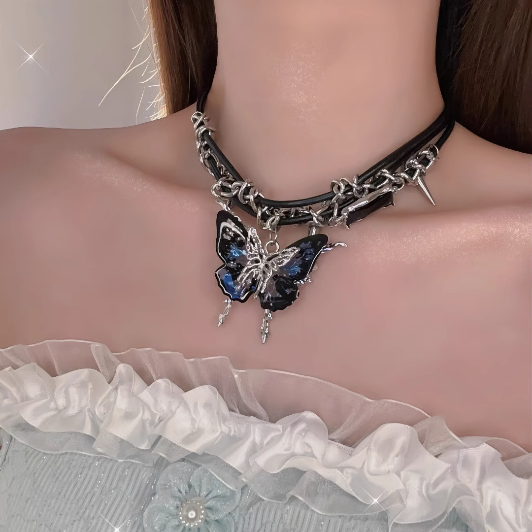 酷辣個性黑藍蝴蝶鉚釘項圈｜皮革 Chocker 小眾潮妹頸鏈