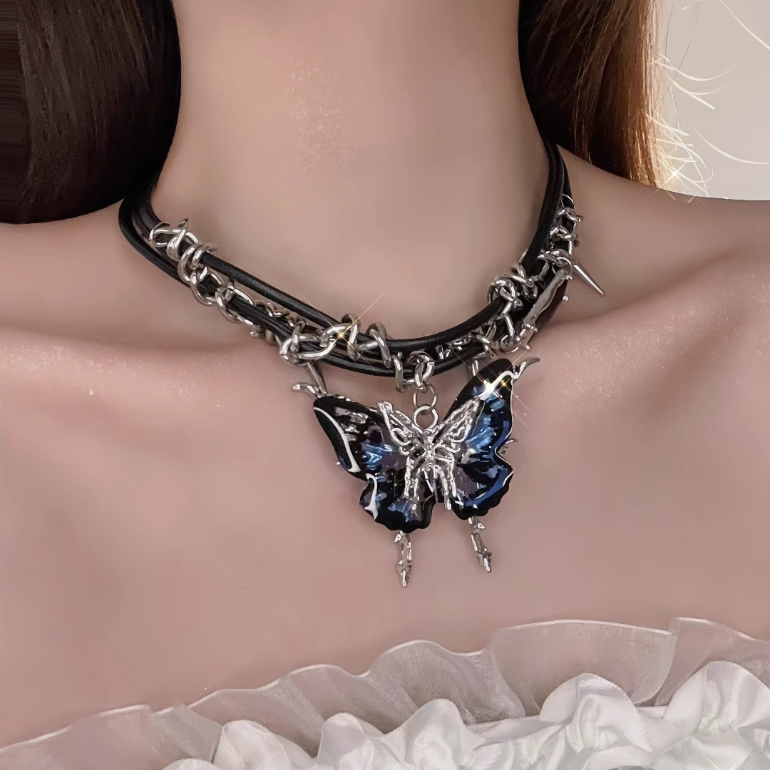 酷辣個性黑藍蝴蝶鉚釘項圈｜皮革 Chocker 小眾潮妹頸鏈