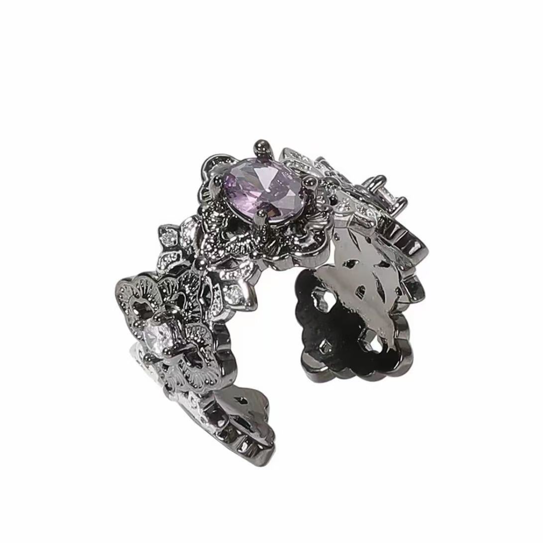 銅合金合成鋯石暗黑風開口指環｜獨特鑲鑽個性食指戒